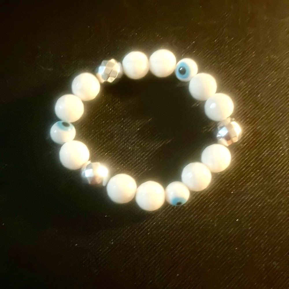 White agate 12 mm faceted with white glass evil eye and 12 mm silver  hematite